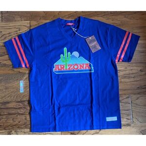 Mitchell & Ness Arizona Graphic T-Shirt Womens Medium Blue V-Neck Varsity Stripe